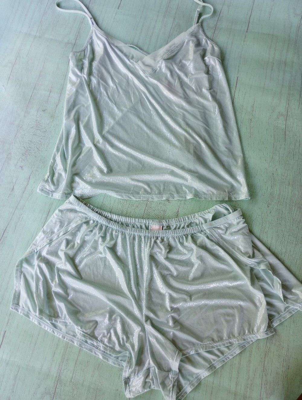 Victoria's Secret Women’s Tank & Shorts Set Lingerie Small Metallic Teal Sheen